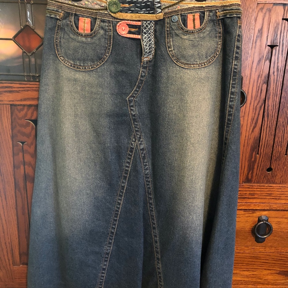 CAbi long embellished jean skirt, size 8